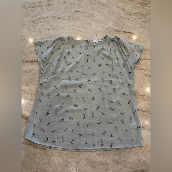 Fun2Fun Light Blue Floral Blouse Large NWOT Flutter Sleeve Rayon Blend - Picture 3 of 12